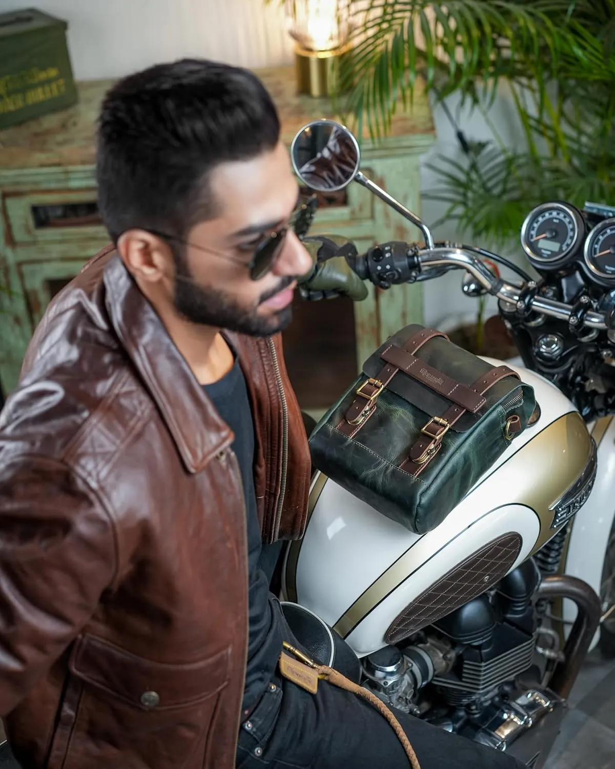 Trip Machine Company Genuine Leather Motorcycle Magnetic Fuel Tank & Tail Pillion Seat Mount Bag With Shoulder Strap And Rain Cover (Tank Bag, Forest Green)
