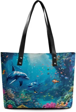 Tropical Fish Coral Reef in Deep Sea Women's Tote Shoulder Bag Handbag Top Handle Leather 29 * 34 * 14cm