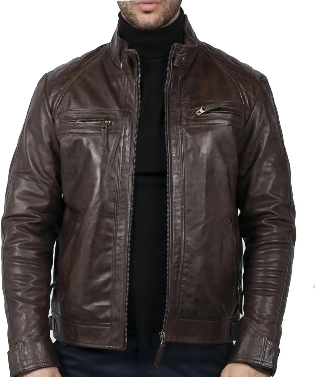 TruClothing Men's Biker Jacket Outwear Windproof Winter Motorcycle Rider Real Leather Jackets Coat Retro