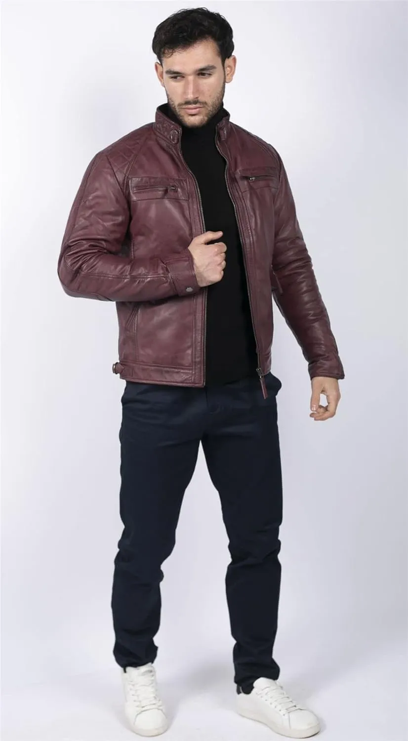 TruClothing Men's Biker Jacket Outwear Windproof Winter Motorcycle Rider Real Leather Jackets Coat Retro