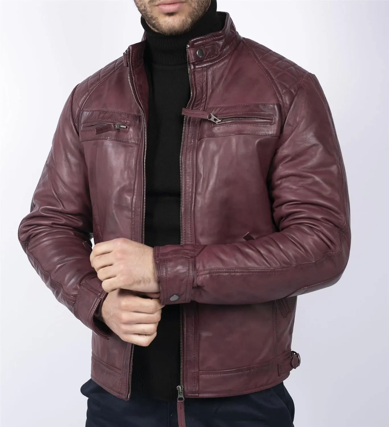 TruClothing Men's Biker Jacket Outwear Windproof Winter Motorcycle Rider Real Leather Jackets Coat Retro