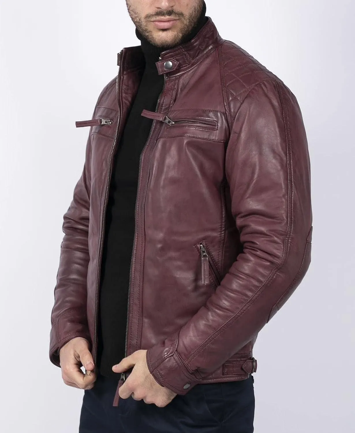 TruClothing Men's Biker Jacket Outwear Windproof Winter Motorcycle Rider Real Leather Jackets Coat Retro