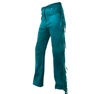 Turquoise Blue Suede Leather Fringe Pants Jeans Style For Men Western Pant MFP1127