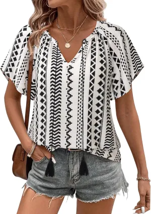 Unixseque Summer Tops for Women Casual Boho Blouses Short Sleeve V Neck Shirts Tie Front 2025 Trendy Beach Vacation Clothes