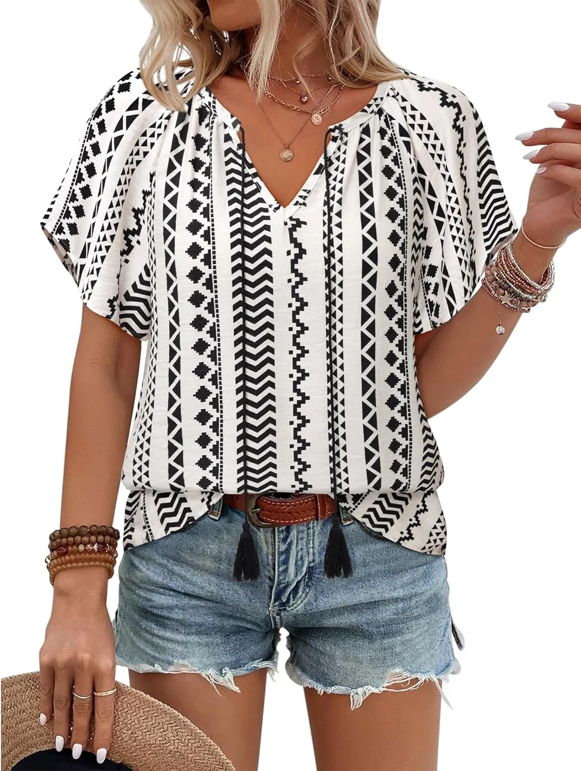 Unixseque Summer Tops for Women Casual Boho Blouses Short Sleeve V Neck Shirts Tie Front 2025 Trendy Beach Vacation Clothes