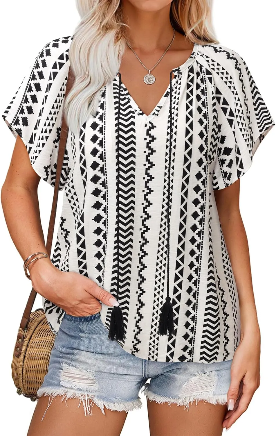 Unixseque Summer Tops for Women Casual Boho Blouses Short Sleeve V Neck Shirts Tie Front 2025 Trendy Beach Vacation Clothes