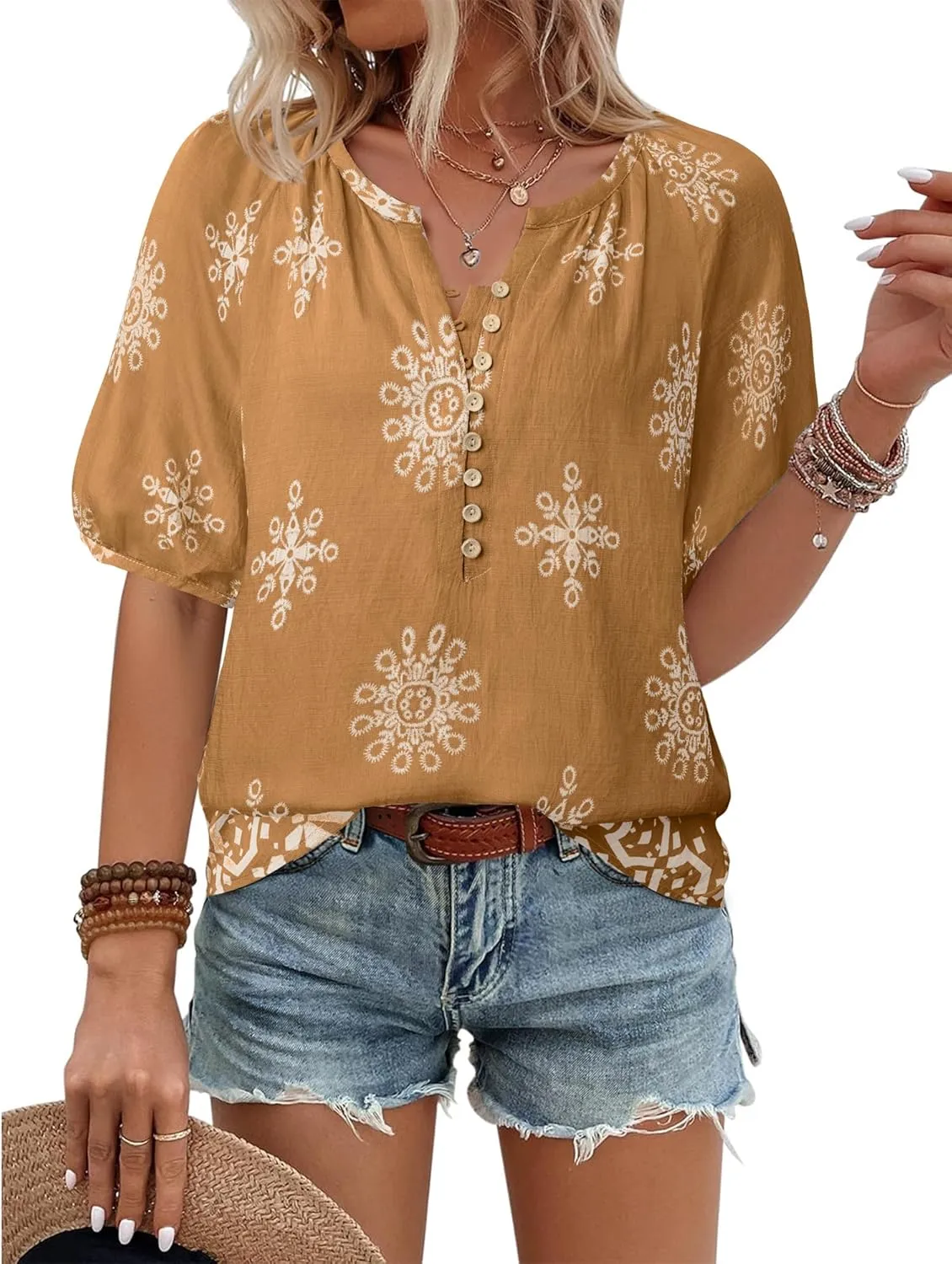 Unixseque Womens Summer Tops V Neck Short Sleeve Blouses Casual Button Down Shirts Floral Boho Clothing Trendy 2025
