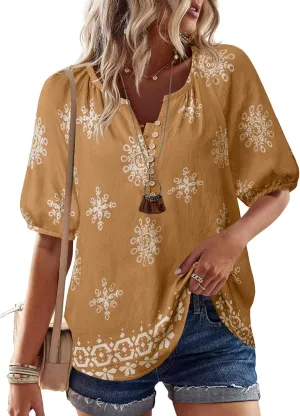 Unixseque Womens Summer Tops V Neck Short Sleeve Blouses Casual Button Down Shirts Floral Boho Clothing Trendy 2025