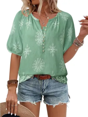 Unixseque Womens Summer Tops V Neck Short Sleeve Blouses Casual Button Down Shirts Floral Boho Clothing Trendy 2025