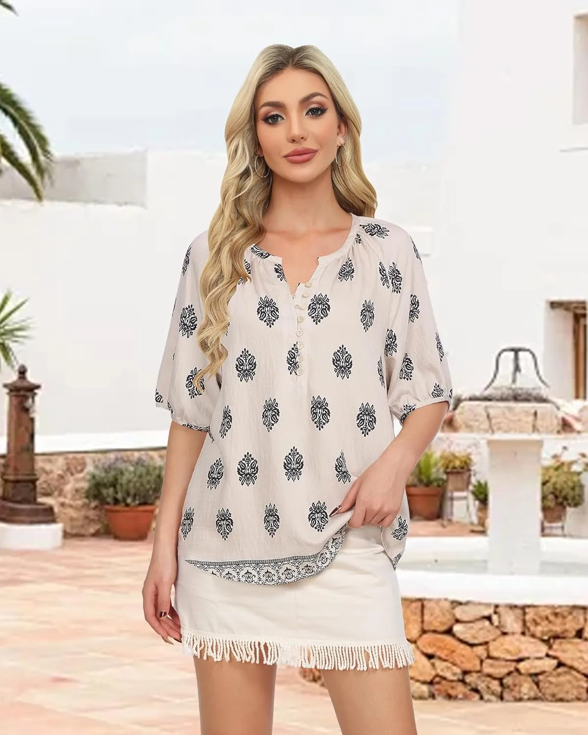 Unixseque Womens Summer Tops V Neck Short Sleeve Blouses Casual Button Down Shirts Floral Boho Clothing Trendy 2025