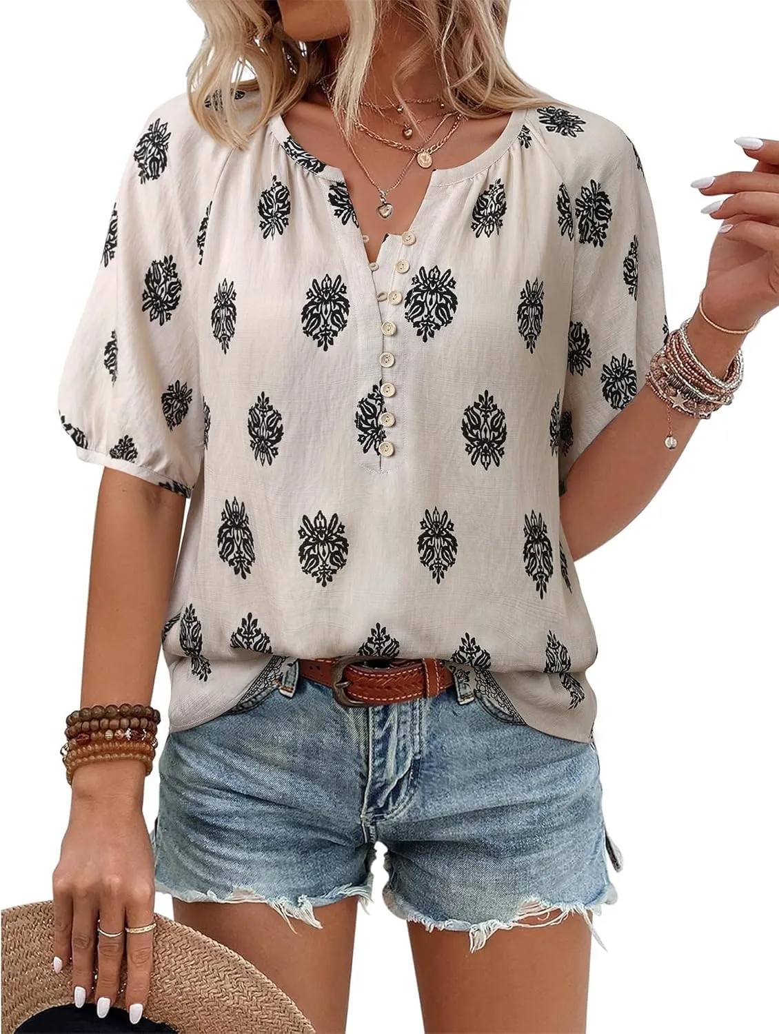 Unixseque Womens Summer Tops V Neck Short Sleeve Blouses Casual Button Down Shirts Floral Boho Clothing Trendy 2025