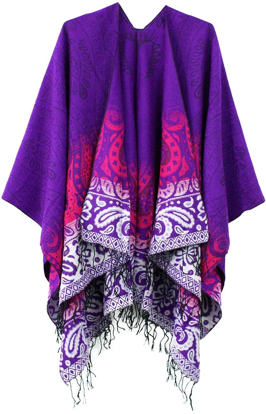 Urban CoCo Women's Retro Style Vintage Pattern Tassel Poncho Shawl Cape Wraps For Women