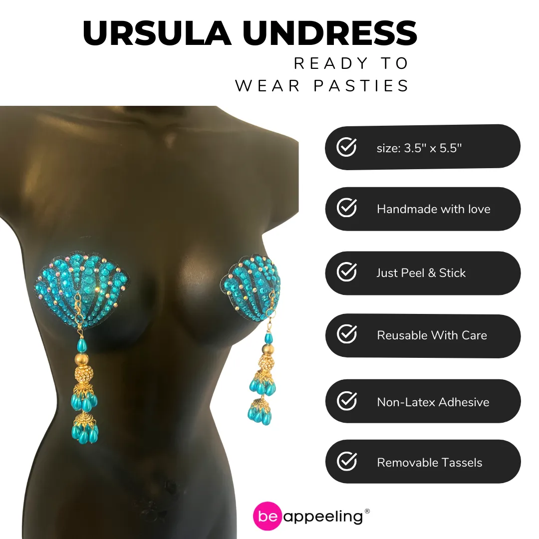 URSULA UNDRESS Turquoise and Black, Reusable Gem Nipple Pasties, Pasty (2pcs) with Tassels