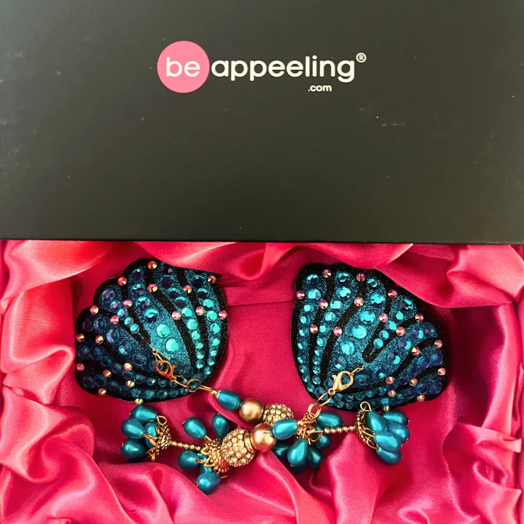 URSULA UNDRESS Turquoise and Black, Reusable Gem Nipple Pasties, Pasty (2pcs) with Tassels