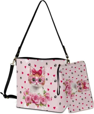 Valentine Bucket Crossbody Bags Set for Women Girls, Leather Bucket Tote Bag Satchel Purse Gift for Wife Girlfriend