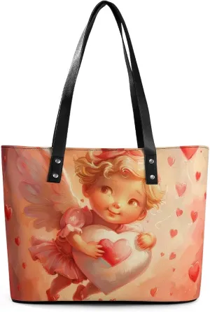 Valentines Love You Angel Women's Tote Shoulder Bag Handbag Top Handle Leather 29 * 34 * 14cm