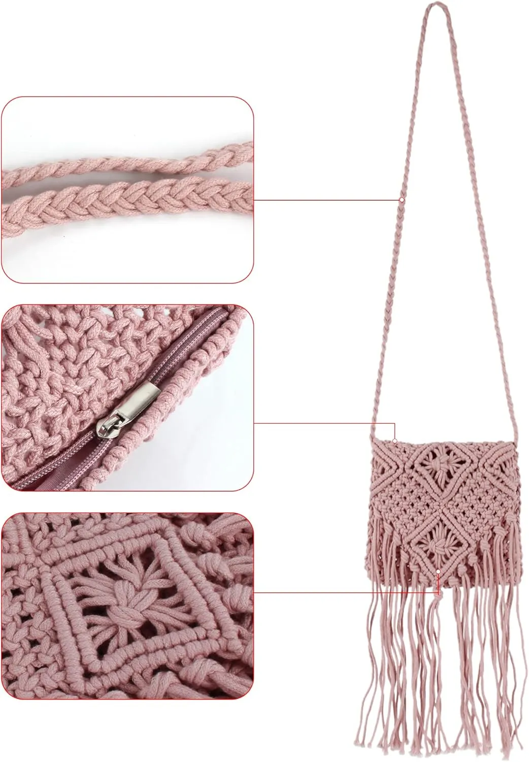 Van Caro Handwoven Cotton Straw Shoulder Bag Crochet Tassel Beach Bohemian Purse for Women