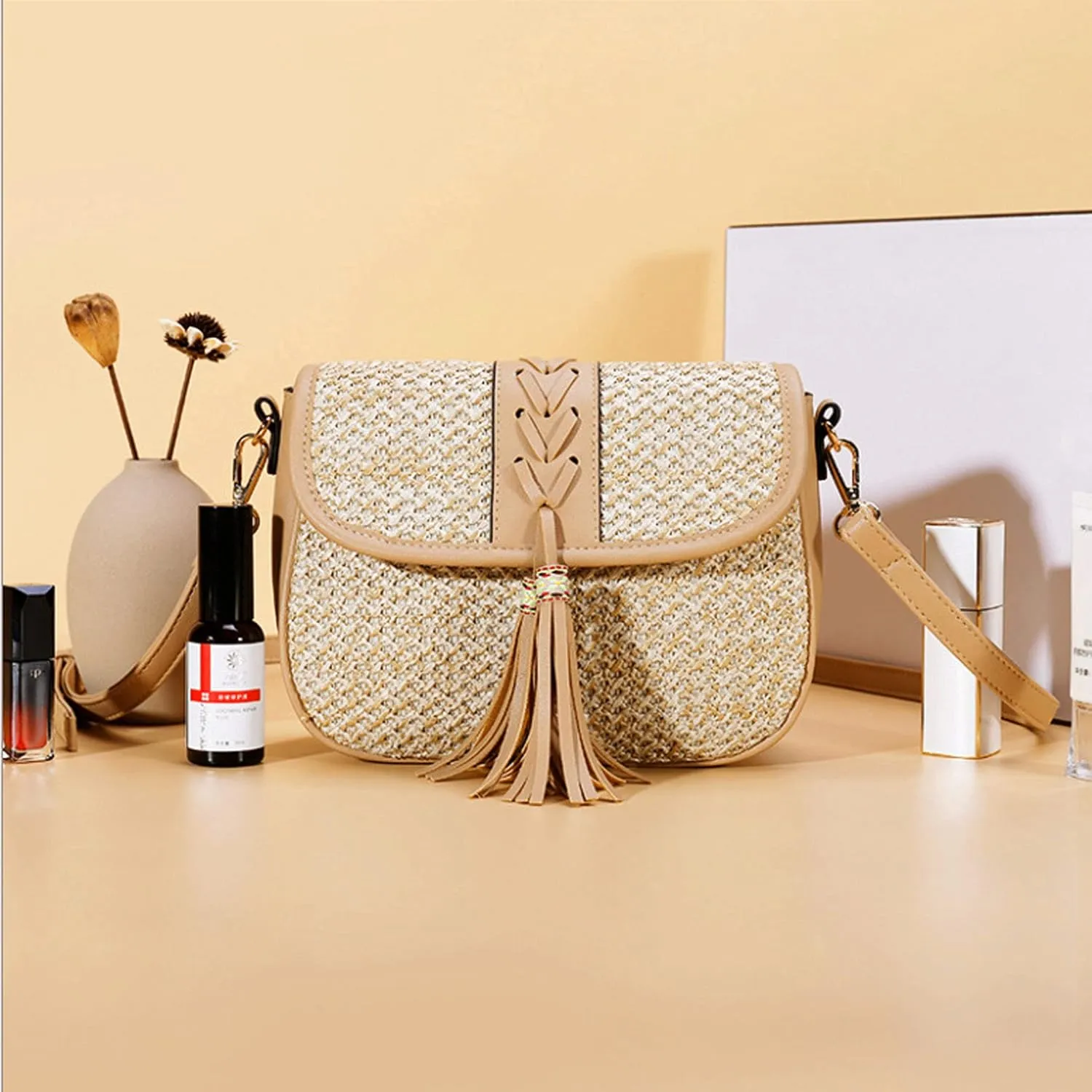 Van Caro Handwoven Cotton Straw Shoulder Bag Crochet Tassel Beach Bohemian Purse for Women
