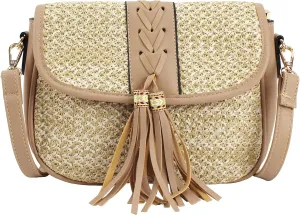 Van Caro Handwoven Cotton Straw Shoulder Bag Crochet Tassel Beach Bohemian Purse for Women