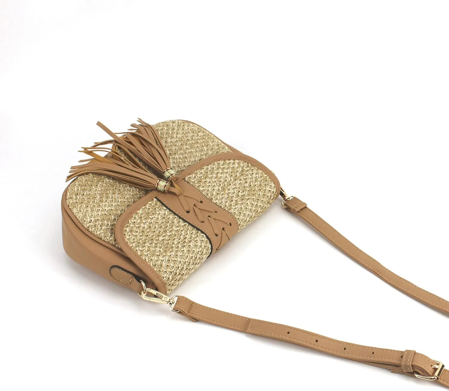 Van Caro Handwoven Cotton Straw Shoulder Bag Crochet Tassel Beach Bohemian Purse for Women