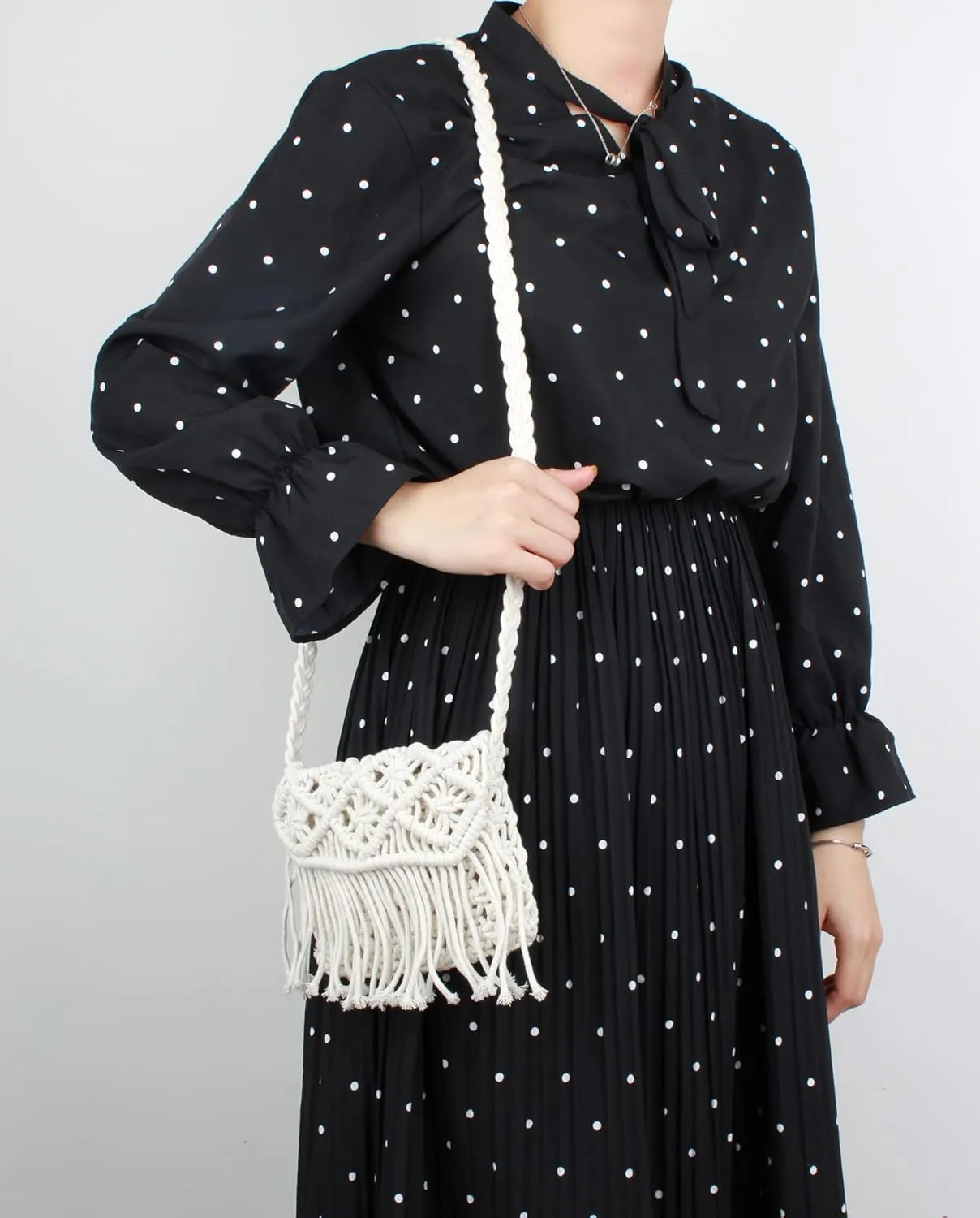 Van Caro Handwoven Cotton Straw Shoulder Bag Crochet Tassel Beach Bohemian Purse for Women