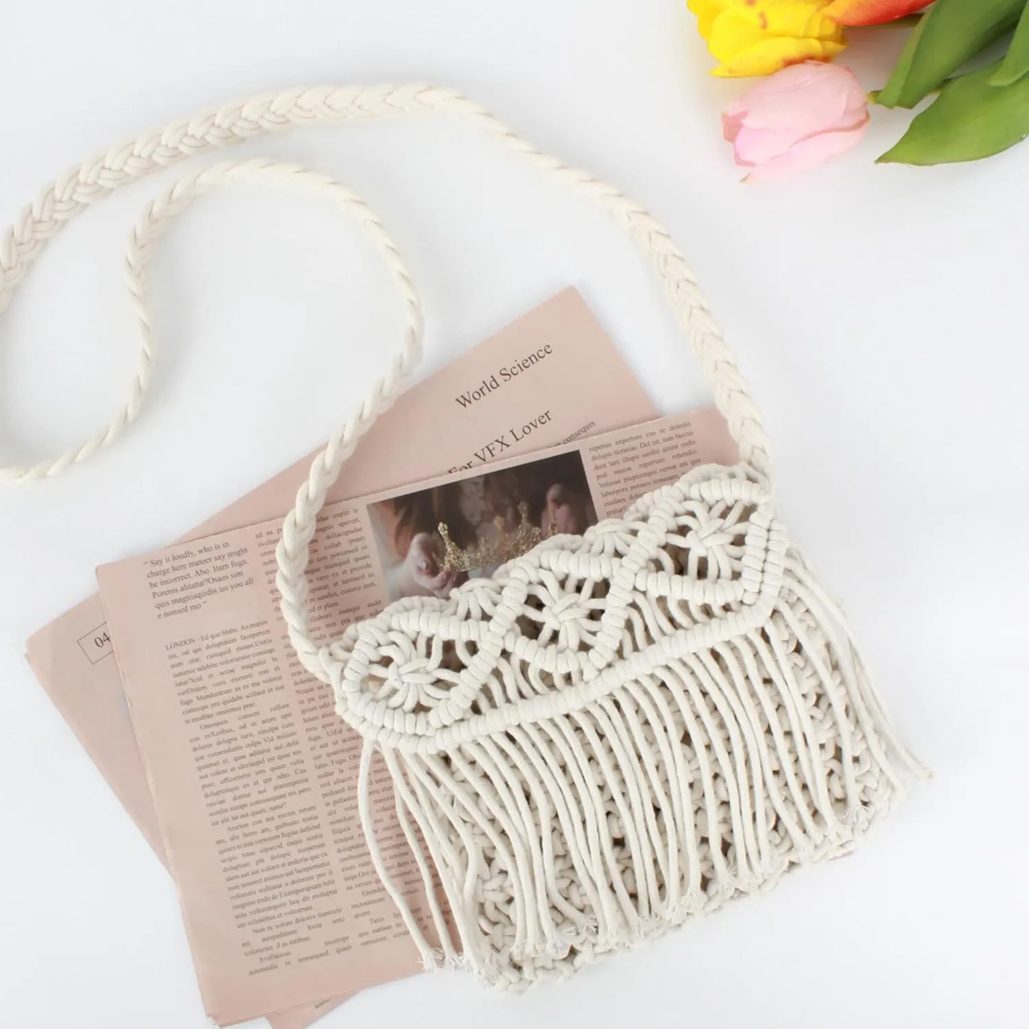 Van Caro Handwoven Cotton Straw Shoulder Bag Crochet Tassel Beach Bohemian Purse for Women