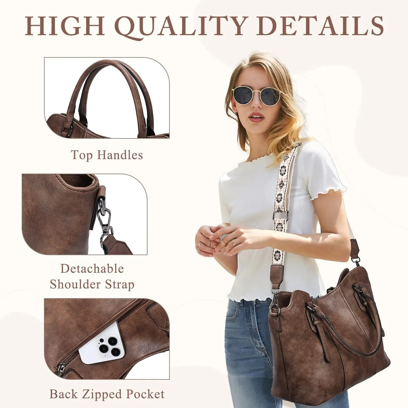 VASCHY Hobo Bags for Women, Vegan Leather Top Handle Satchel Shoulder Purse Handbag Purse with Crossbody Guitar Strap