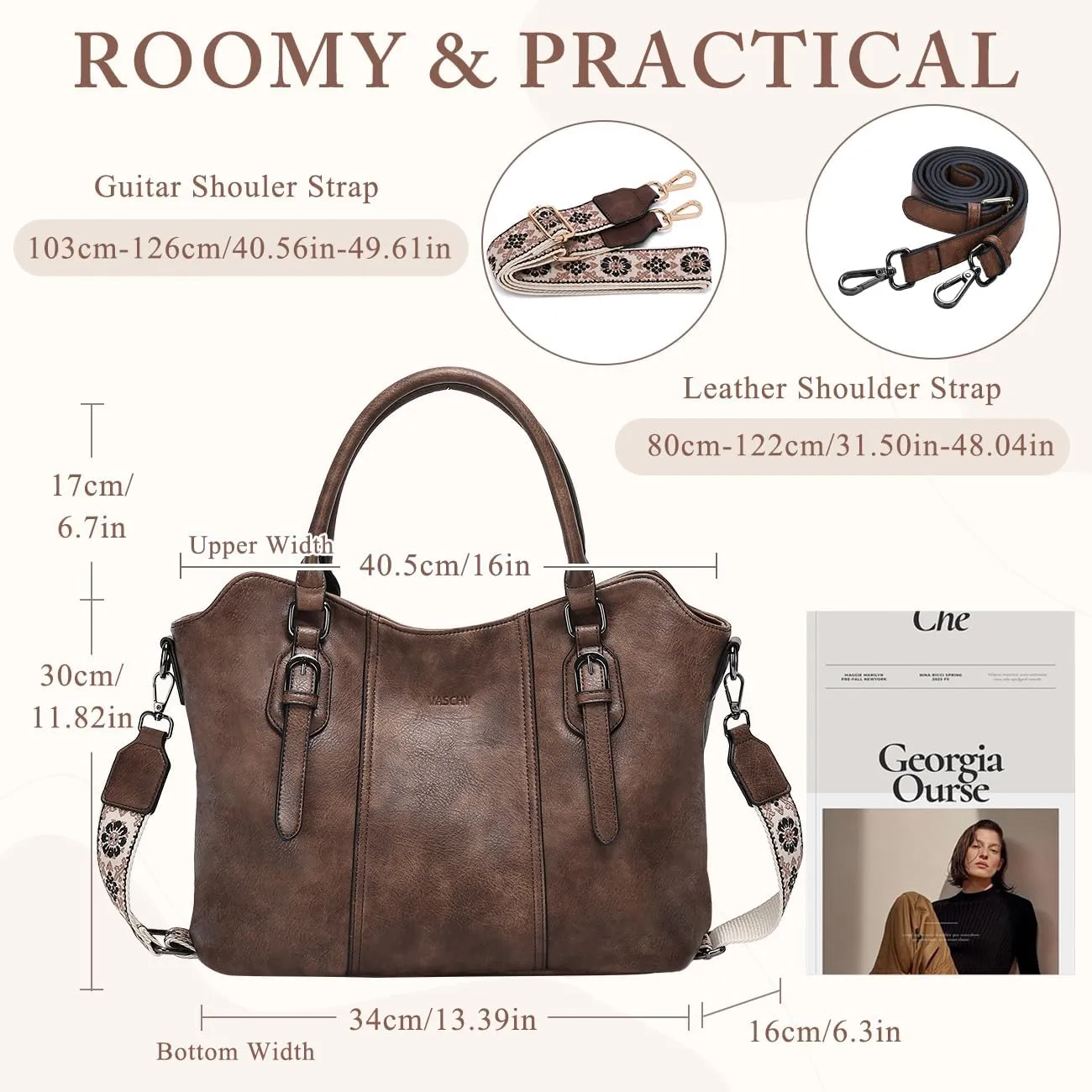 VASCHY Hobo Bags for Women, Vegan Leather Top Handle Satchel Shoulder Purse Handbag Purse with Crossbody Guitar Strap