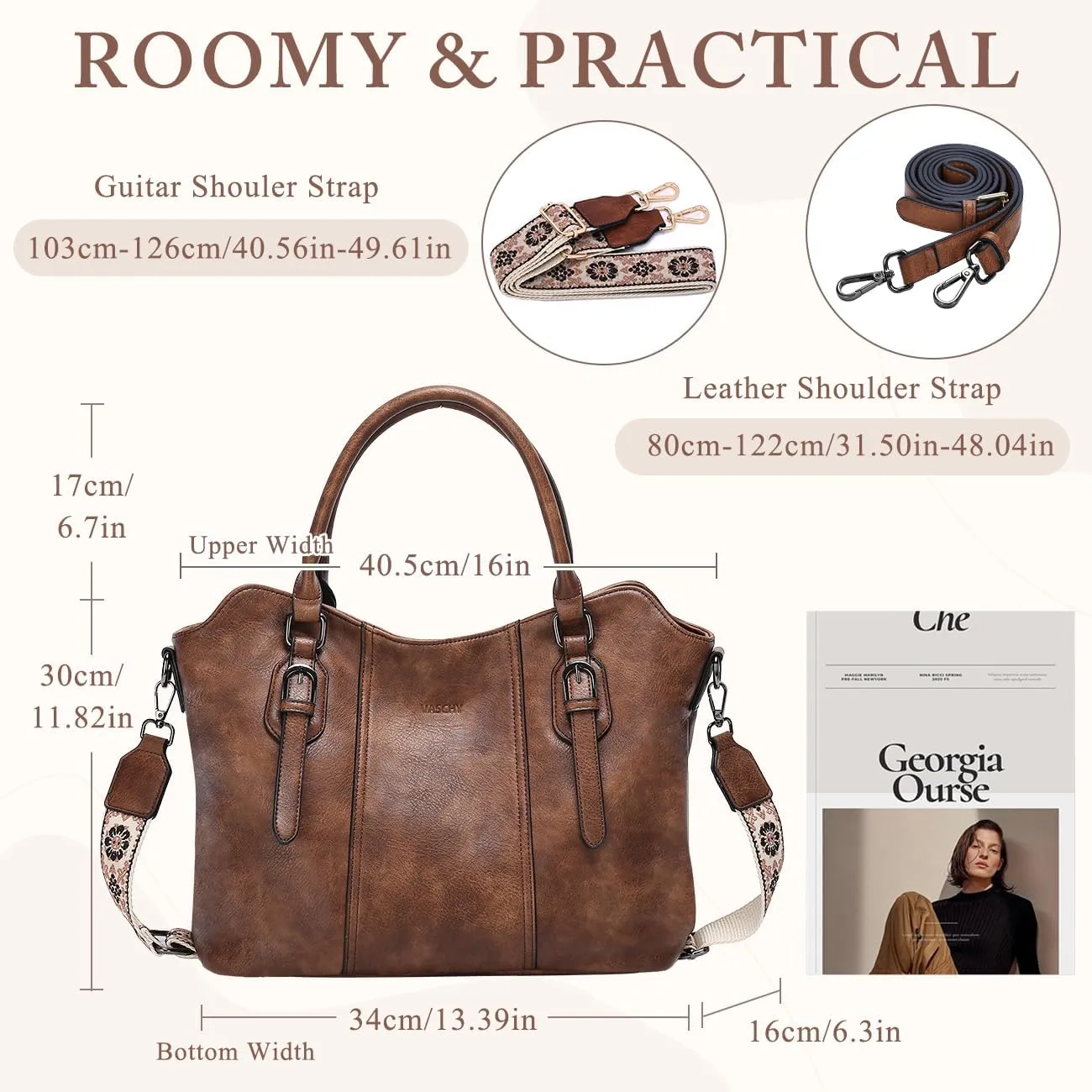 VASCHY Hobo Bags for Women, Vegan Leather Top Handle Satchel Shoulder Purse Handbag Purse with Crossbody Guitar Strap