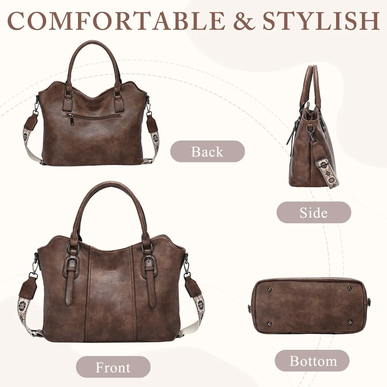 VASCHY Hobo Bags for Women, Vegan Leather Top Handle Satchel Shoulder Purse Handbag Purse with Crossbody Guitar Strap