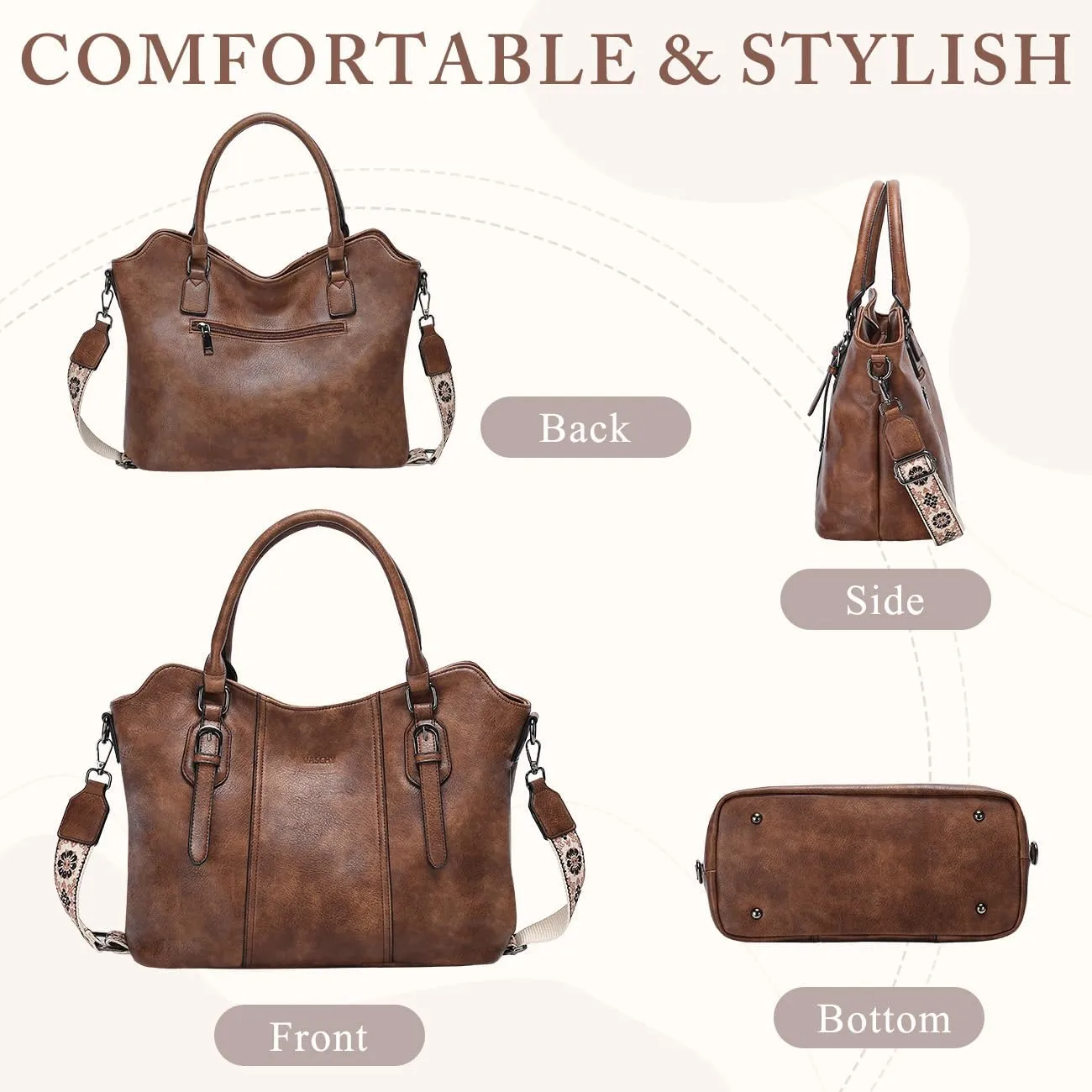 VASCHY Hobo Bags for Women, Vegan Leather Top Handle Satchel Shoulder Purse Handbag Purse with Crossbody Guitar Strap