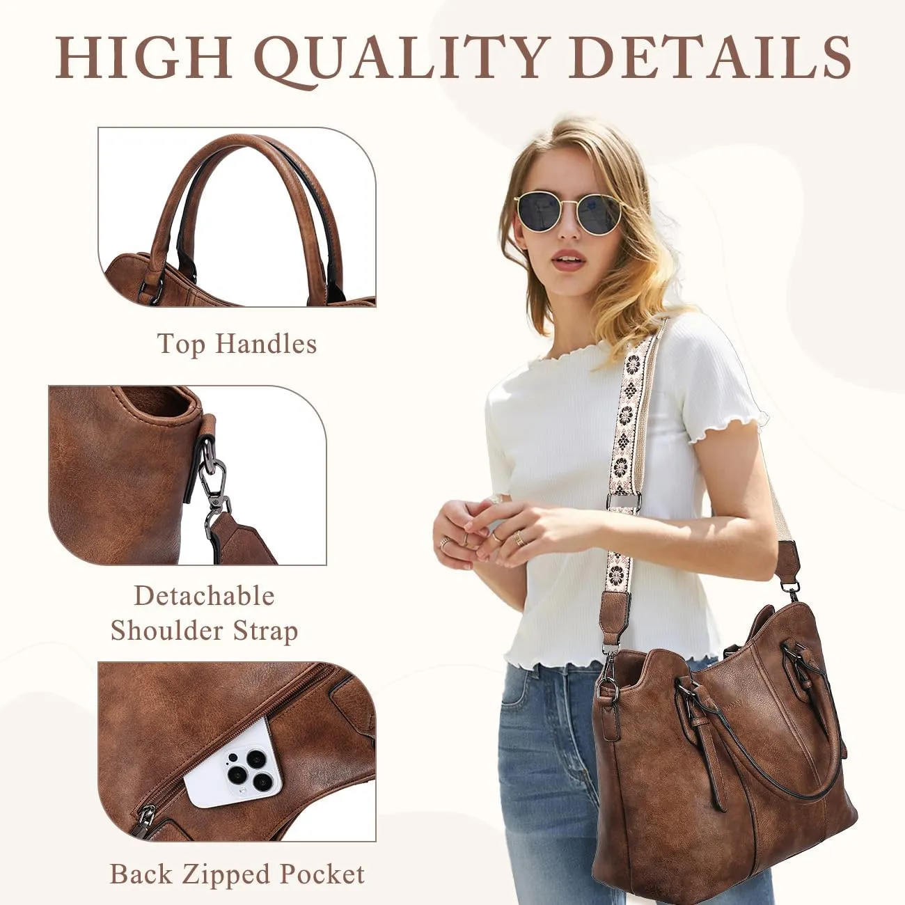 VASCHY Hobo Bags for Women, Vegan Leather Top Handle Satchel Shoulder Purse Handbag Purse with Crossbody Guitar Strap