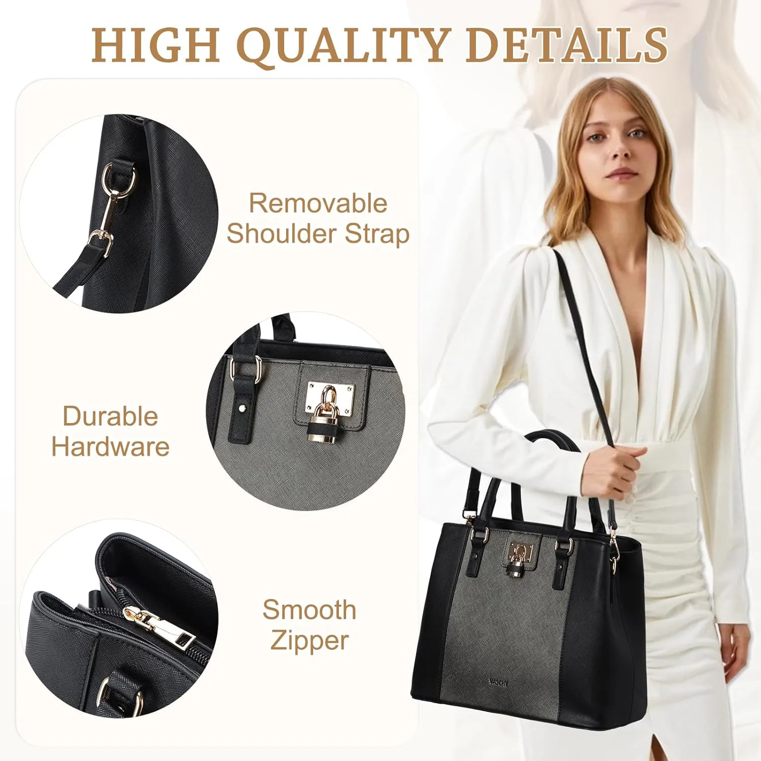 VASCHY Satchel Bag for Women, Trendy Vegan Saffiano Leather Medium Purse Top Handle Handbag Shoulder Tote Crossbody Bag