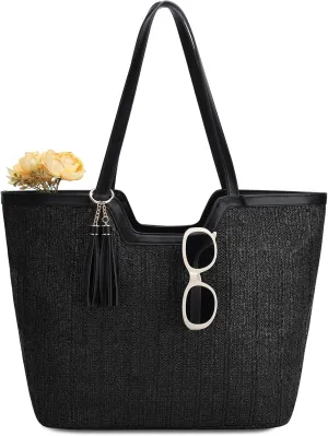 VASCHY Straw Beach Tote Bag for Women, Cute Trendy Woven Crochet Raffia Summer Shoulder Handbags Purses for Travel Vacation