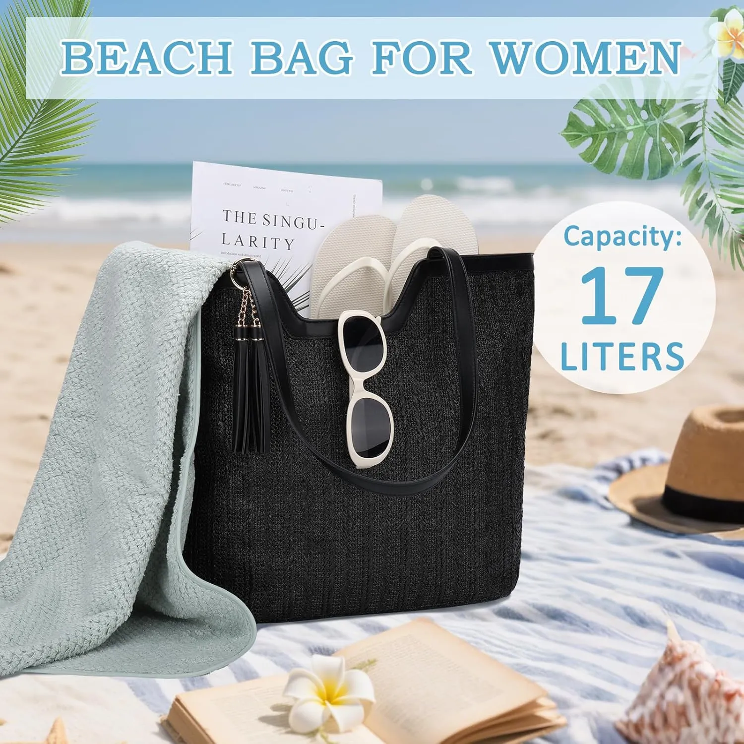 VASCHY Straw Beach Tote Bag for Women, Cute Trendy Woven Crochet Raffia Summer Shoulder Handbags Purses for Travel Vacation