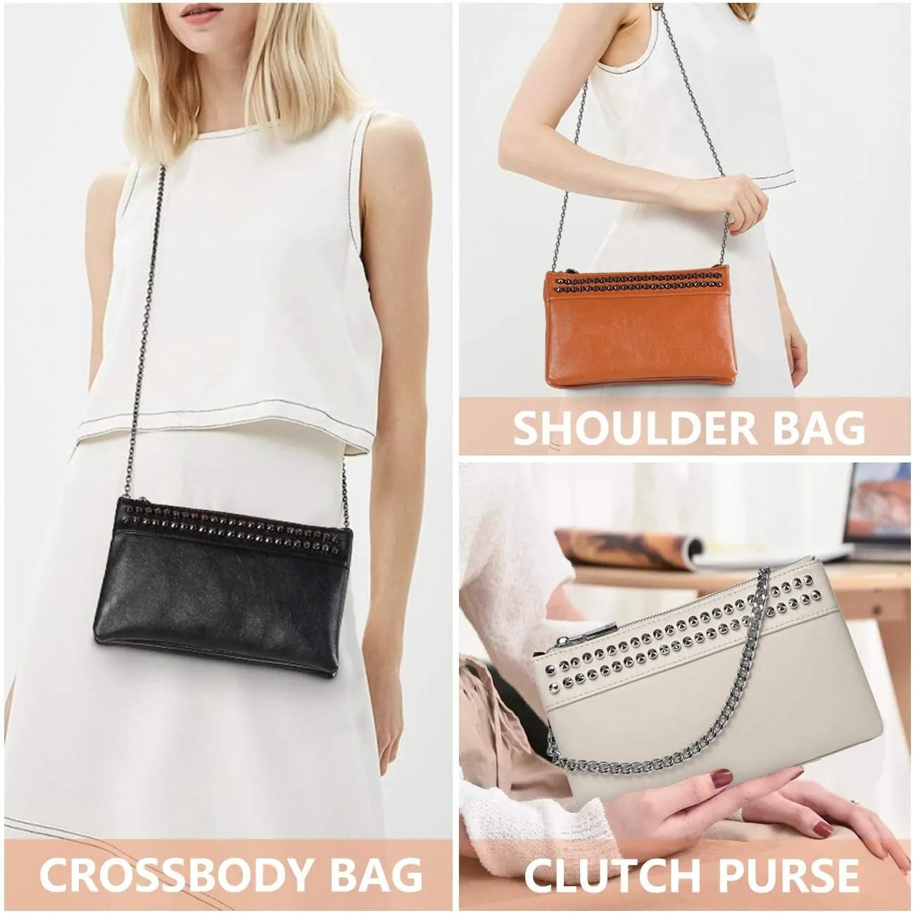 VASCHY Wristlet Clutch Purses, SAC Large Studs Soft Faux Leather Crossbody Evening Clutch Wallet for Women