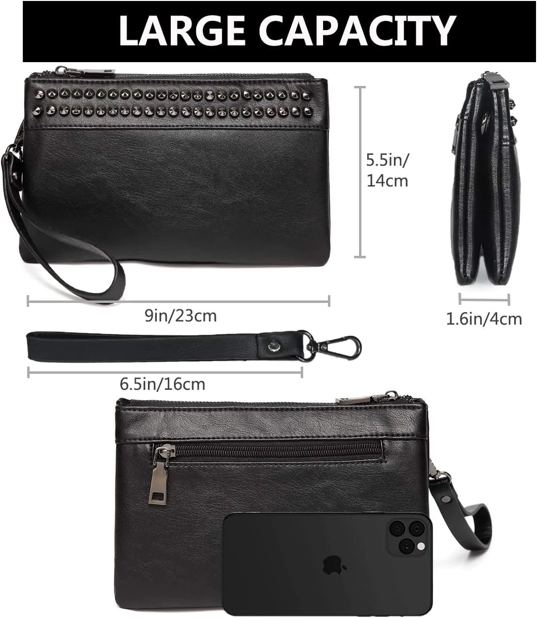 VASCHY Wristlet Clutch Purses, SAC Large Studs Soft Faux Leather Crossbody Evening Clutch Wallet for Women