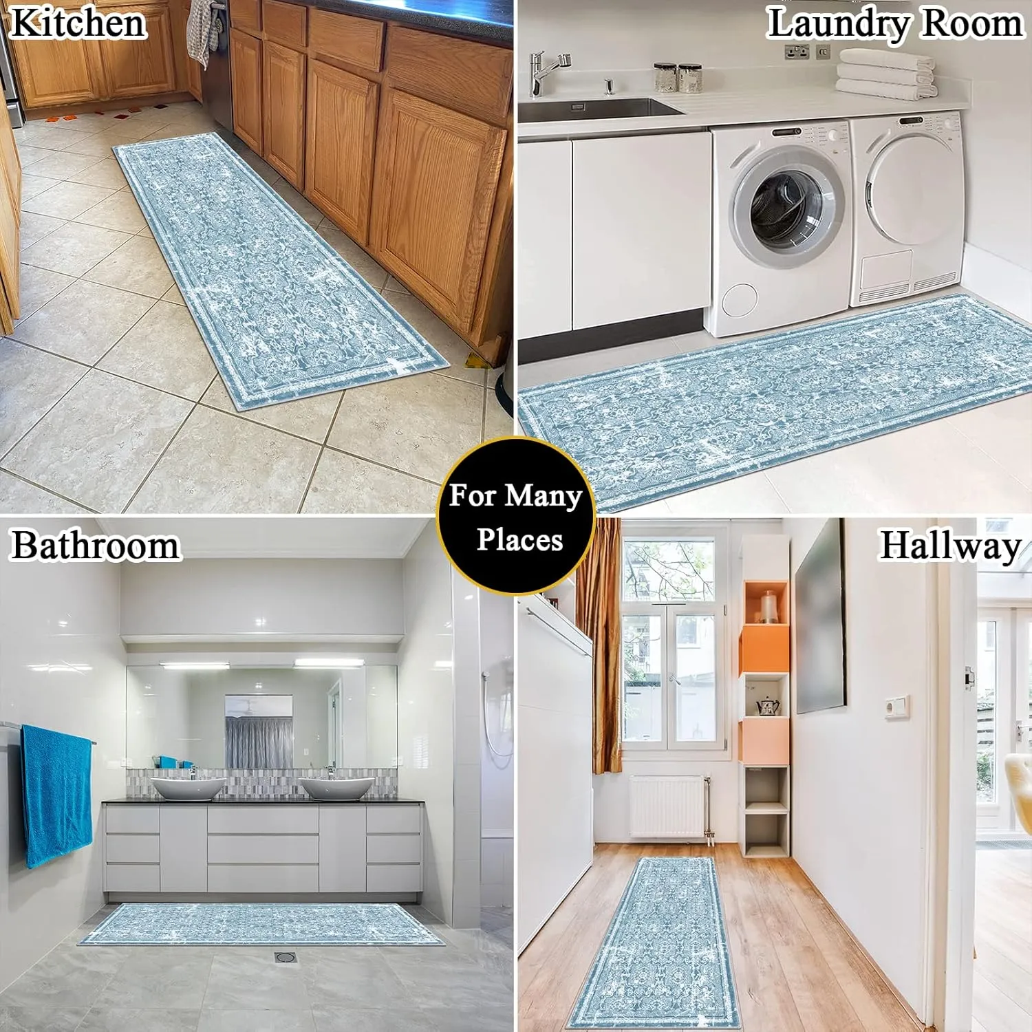 Vaukki Hallway Runner Rug, Vintage Shaggy Soft Laundry Rug Runner, Non Slip Entryway Runner Mat, Washable Farmhouse Kitchen Area Carpet for Bathroom, Entryway and Bedroom (2' X 6', Cyan)
