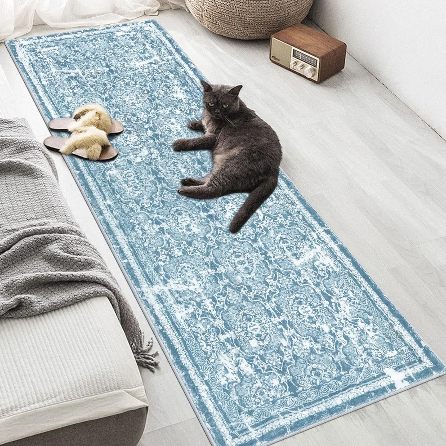 Vaukki Hallway Runner Rug, Vintage Shaggy Soft Laundry Rug Runner, Non Slip Entryway Runner Mat, Washable Farmhouse Kitchen Area Carpet for Bathroom, Entryway and Bedroom (2' X 6', Cyan)