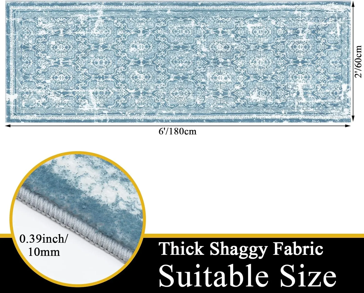 Vaukki Hallway Runner Rug, Vintage Shaggy Soft Laundry Rug Runner, Non Slip Entryway Runner Mat, Washable Farmhouse Kitchen Area Carpet for Bathroom, Entryway and Bedroom (2' X 6', Cyan)