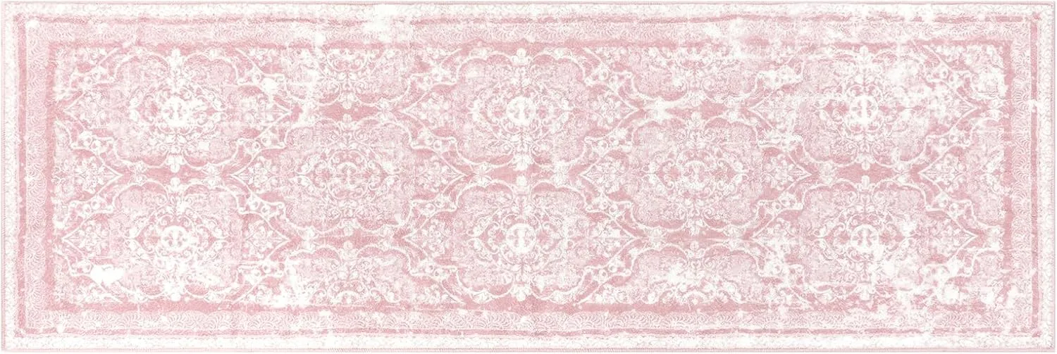 Vaukki Hallway Runner Rug, Vintage Shaggy Soft Laundry Rug Runner, Non Slip Entryway Runner Mat, Washable Farmhouse Kitchen Area Carpet for Bathroom, Entryway and Bedroom (2' X 6', Pink)