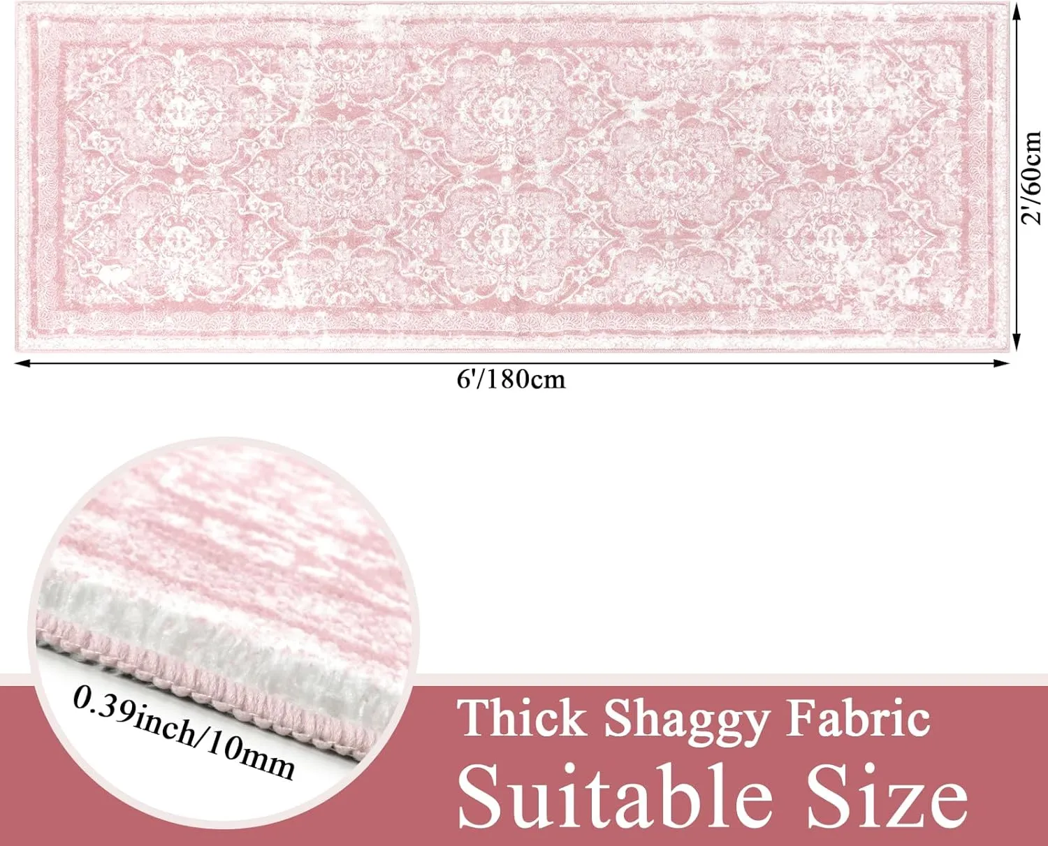 Vaukki Hallway Runner Rug, Vintage Shaggy Soft Laundry Rug Runner, Non Slip Entryway Runner Mat, Washable Farmhouse Kitchen Area Carpet for Bathroom, Entryway and Bedroom (2' X 6', Pink)