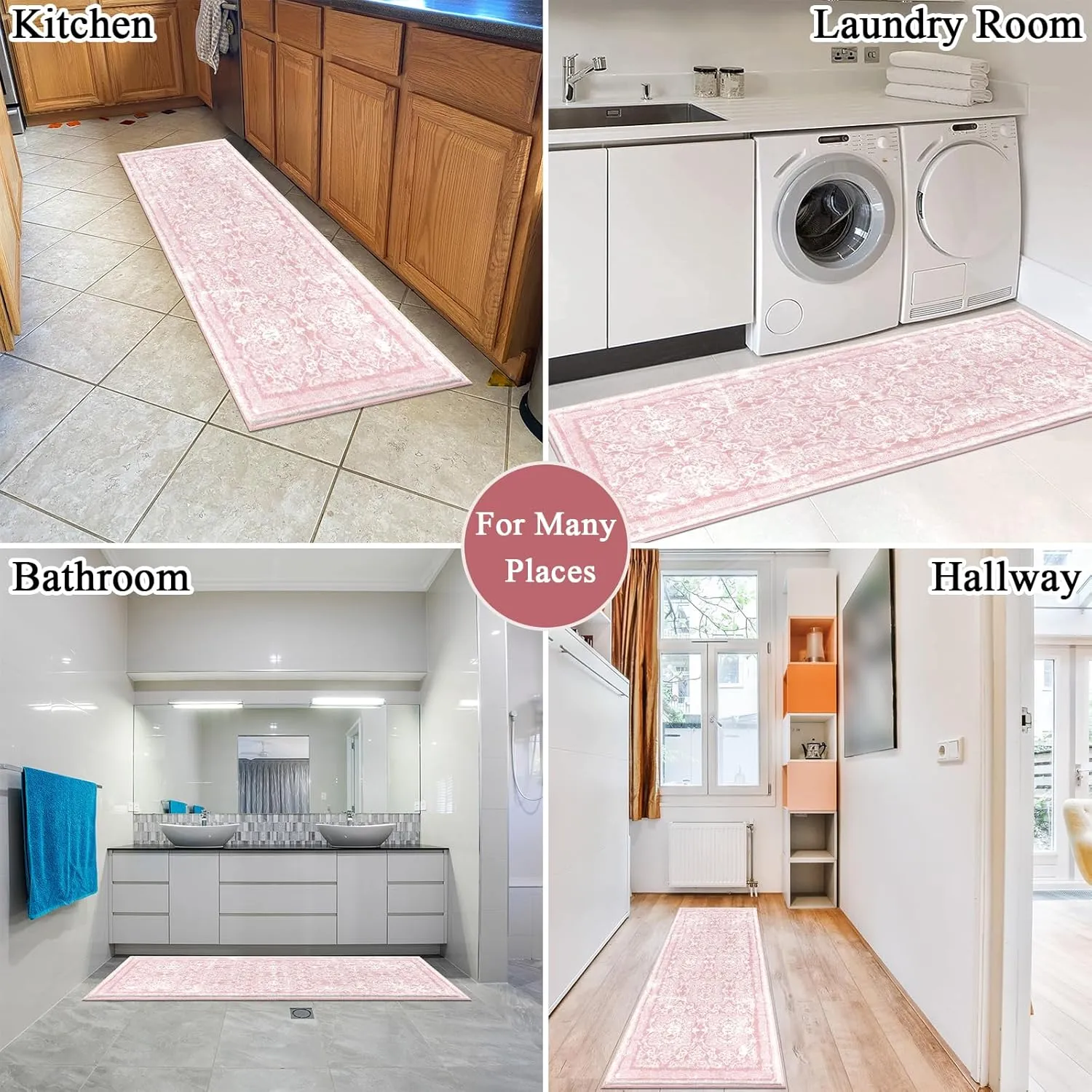Vaukki Hallway Runner Rug, Vintage Shaggy Soft Laundry Rug Runner, Non Slip Entryway Runner Mat, Washable Farmhouse Kitchen Area Carpet for Bathroom, Entryway and Bedroom (2' X 6', Pink)