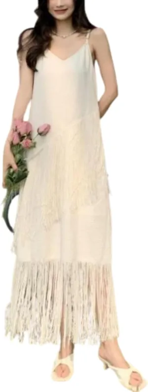 VCM Boho Dress Fringe Dress Spaghetti Strap Dress Maxi Dress V Neck Sleeveless Dress Sexy Dress Holiday Dress