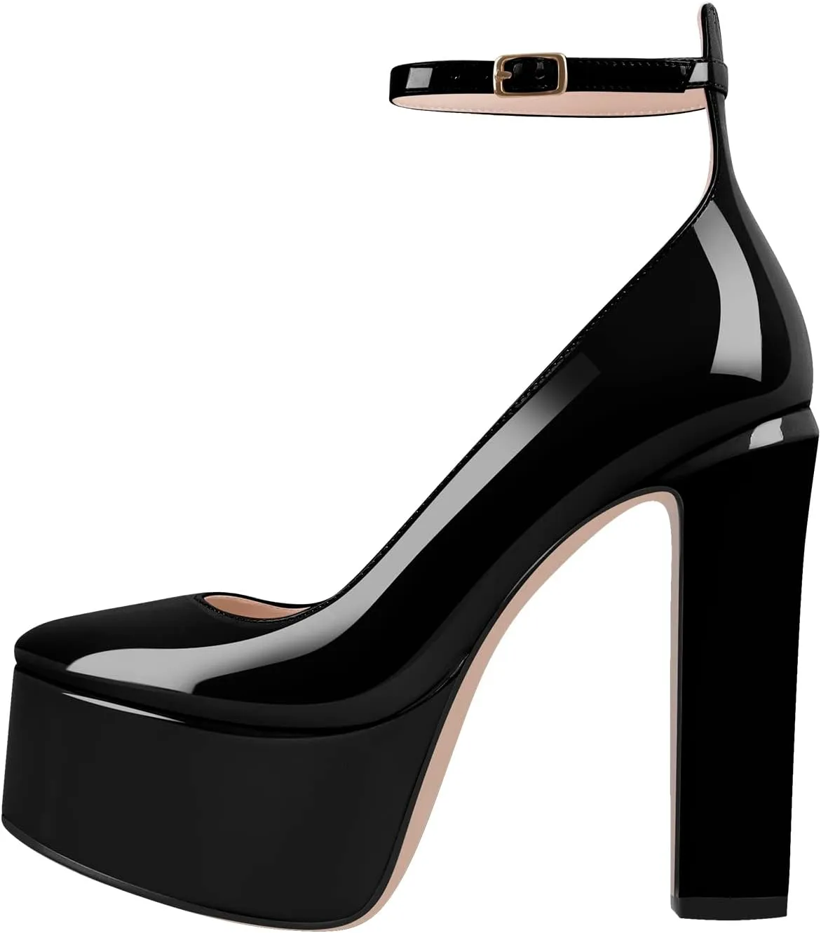 VERISSON Round Toe Mary Jane Adjustable Buckle Strap Platform Chunky Heels Pumps Patent Leather High Heel Party Shoes