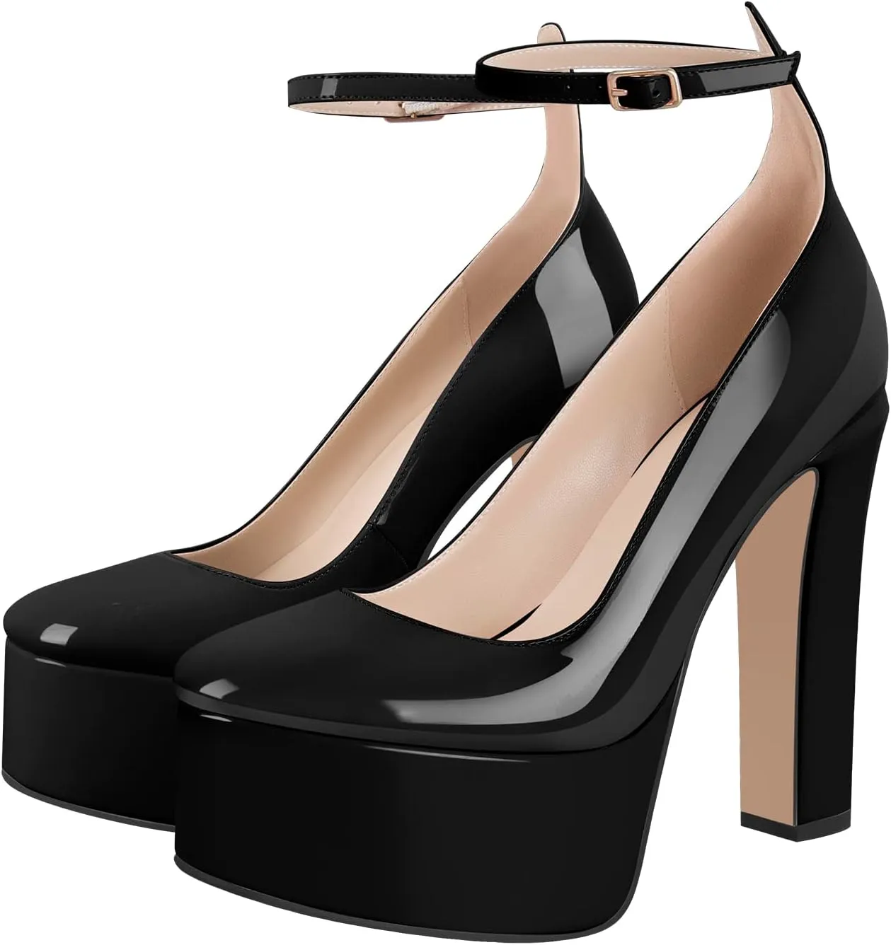 VERISSON Round Toe Mary Jane Adjustable Buckle Strap Platform Chunky Heels Pumps Patent Leather High Heel Party Shoes