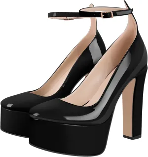 VERISSON Round Toe Mary Jane Adjustable Buckle Strap Platform Chunky Heels Pumps Patent Leather High Heel Party Shoes