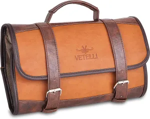 Vetelli Leather Toiletry Bag for Men - Water Resistant, 2 Zippered Internal Pockets, 2 Snap-Fastened Internal Pockets, and Hanging Hook.