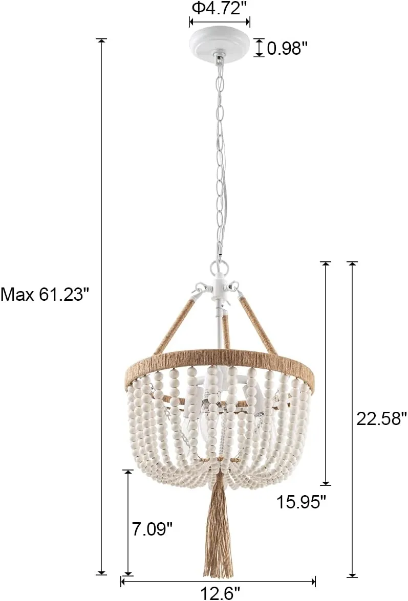 VILUXY Boho Chandelier Farmhouse Wood Beaded Pendant Light Fixture Wood Beaded Hanging Chandeleir 3-Light Rustic Chandelier Bohemia White Beades with Fringe for Bedroom Dining Room Girl Room