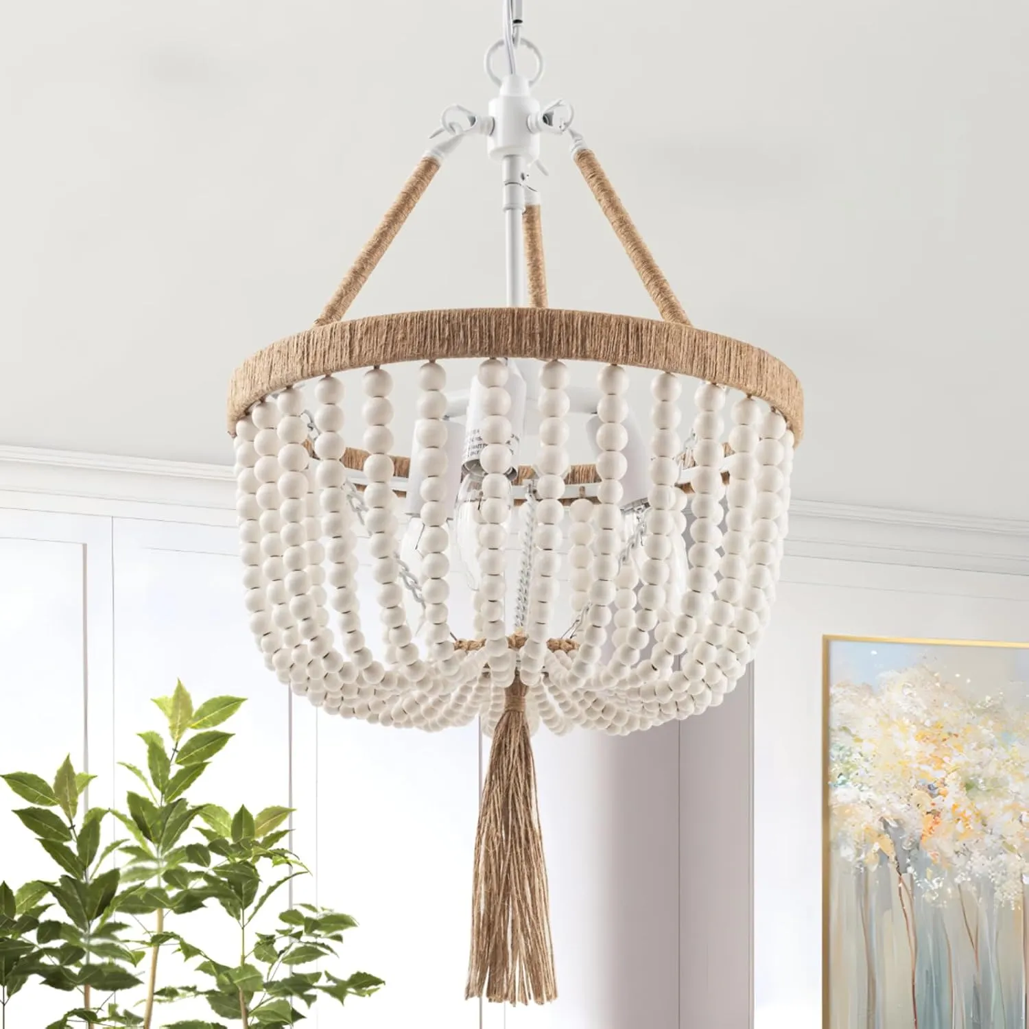 VILUXY Boho Chandelier Farmhouse Wood Beaded Pendant Light Fixture Wood Beaded Hanging Chandeleir 3-Light Rustic Chandelier Bohemia White Beades with Fringe for Bedroom Dining Room Girl Room